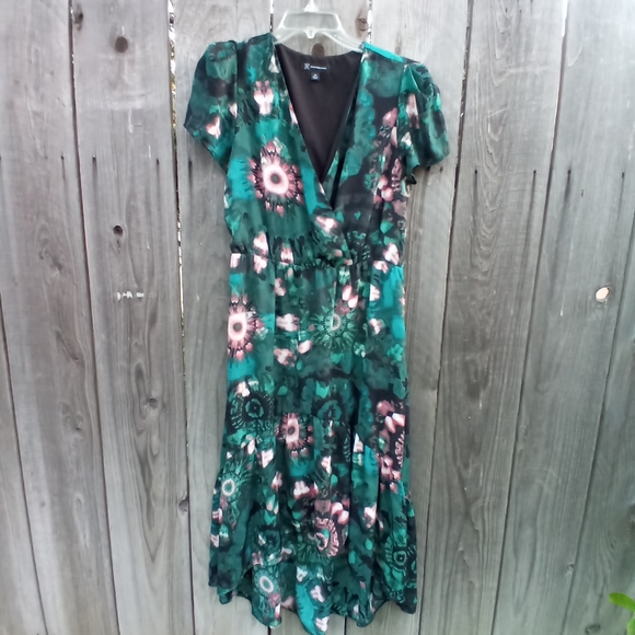 I.N.C International Dress Womens Sz 12P Green Floral Print Hi Low Short Sleeves - Picture 11 of 11